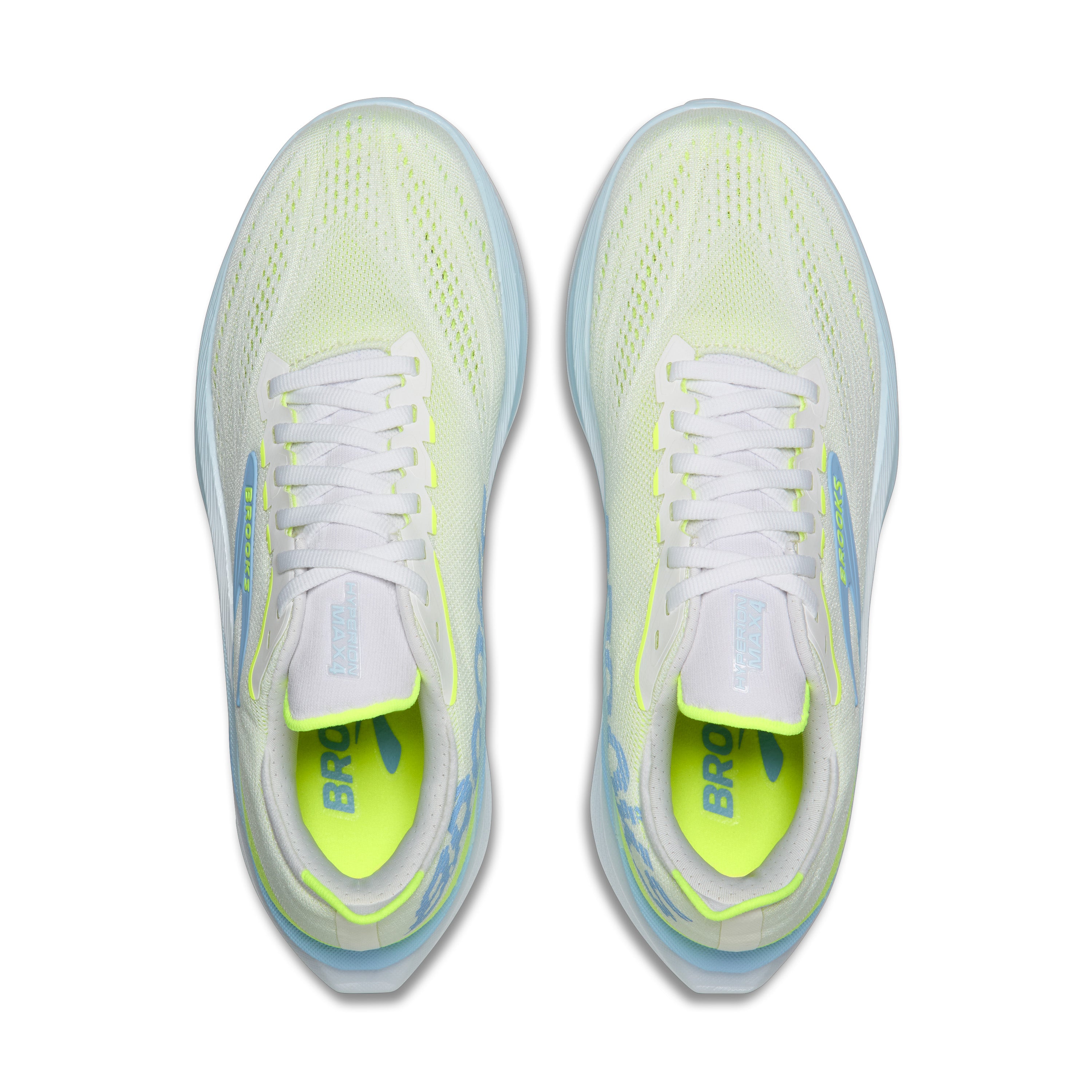 A pair of Brooks running shoes shown from a top-down view, featuring a white mesh upper with a vibrant neon yellow-green gradient, white laces, and a matching neon yellow-green interior lining.