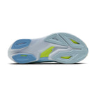 The outsole of a Brooks running shoe, showing a translucent white upper, light blue and gray cushioning, and neon yellow-green accents, on a white background.