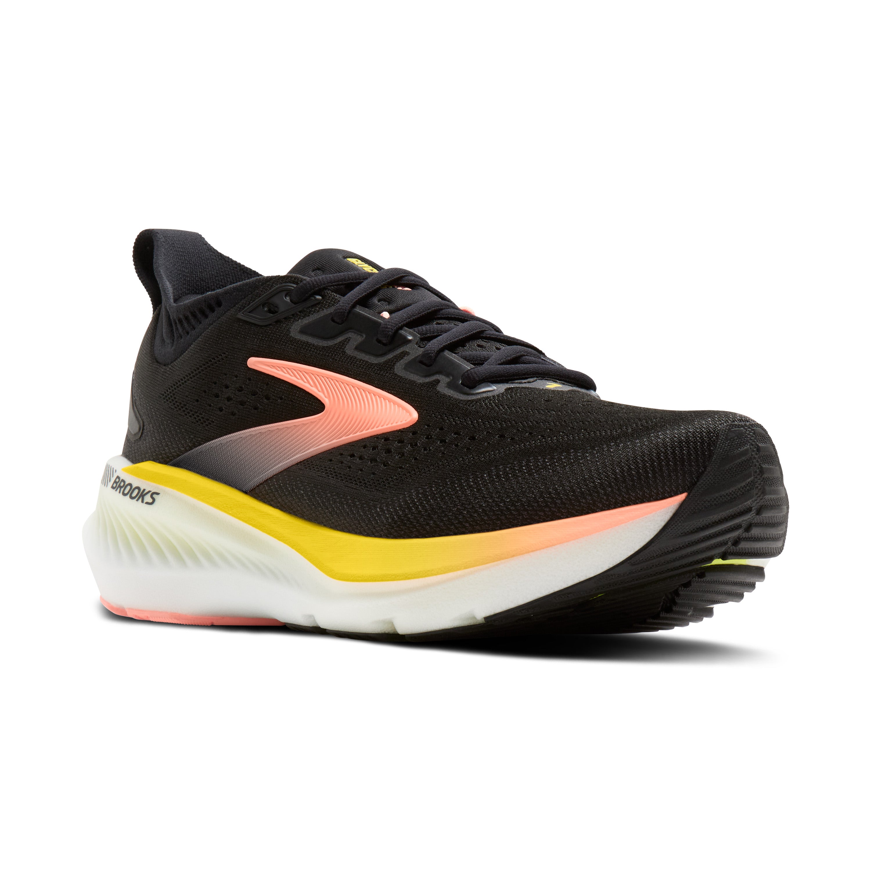 Black running shoe with colorful sole on a white background