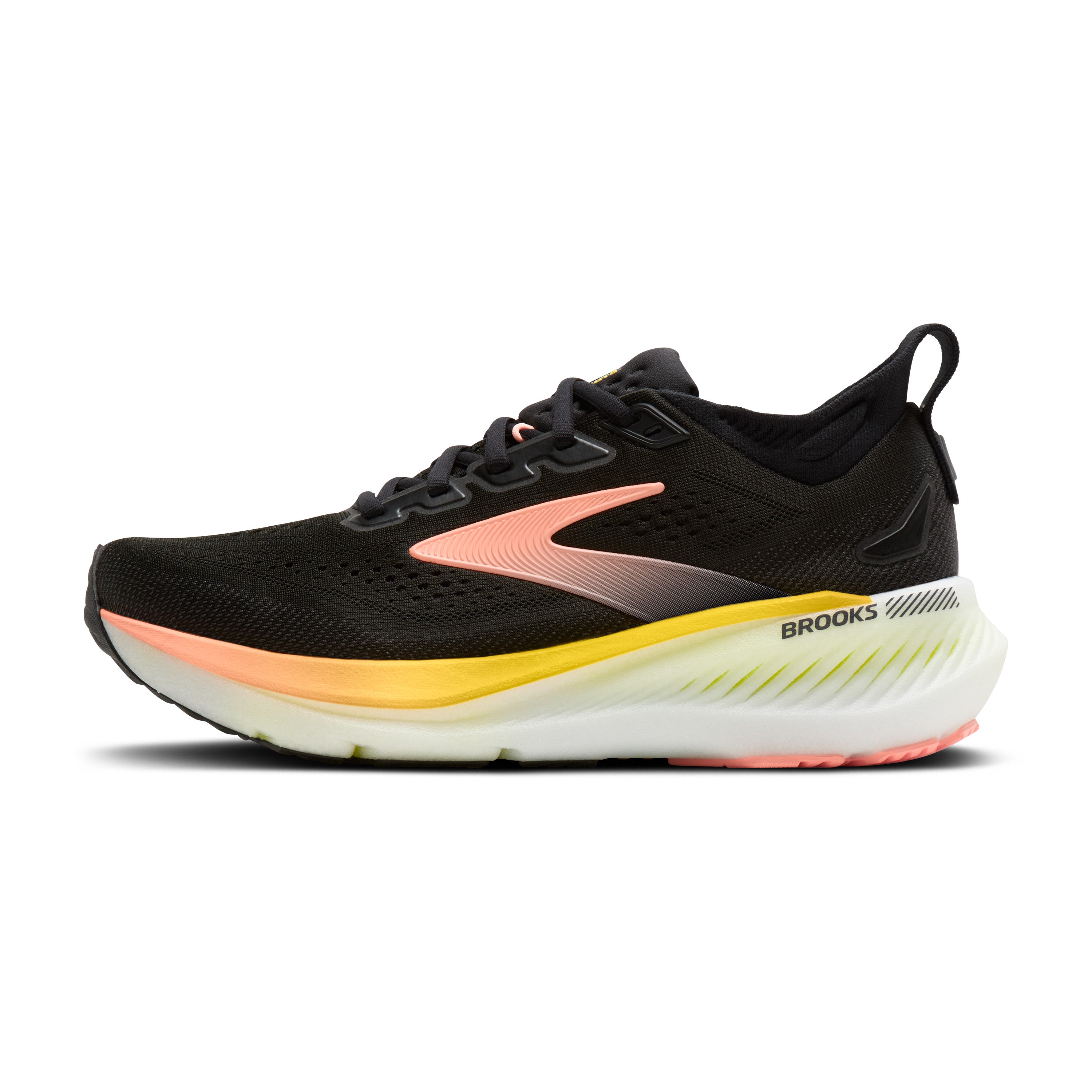 Black running shoe with pink and yellow accents on a white background
