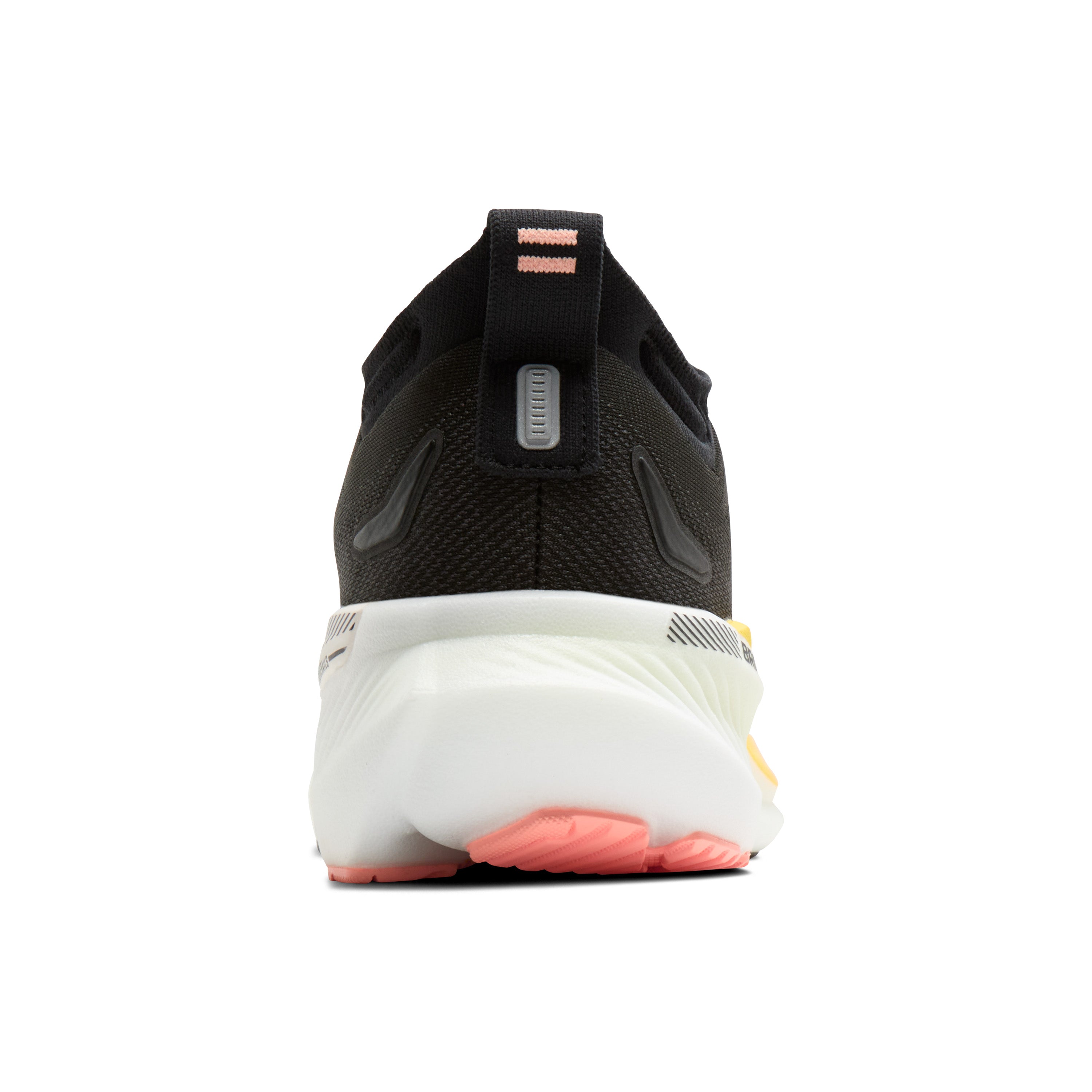 Black running shoe with white sole and pink accents on a white background