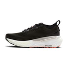 Black running shoe with white sole on a white background
