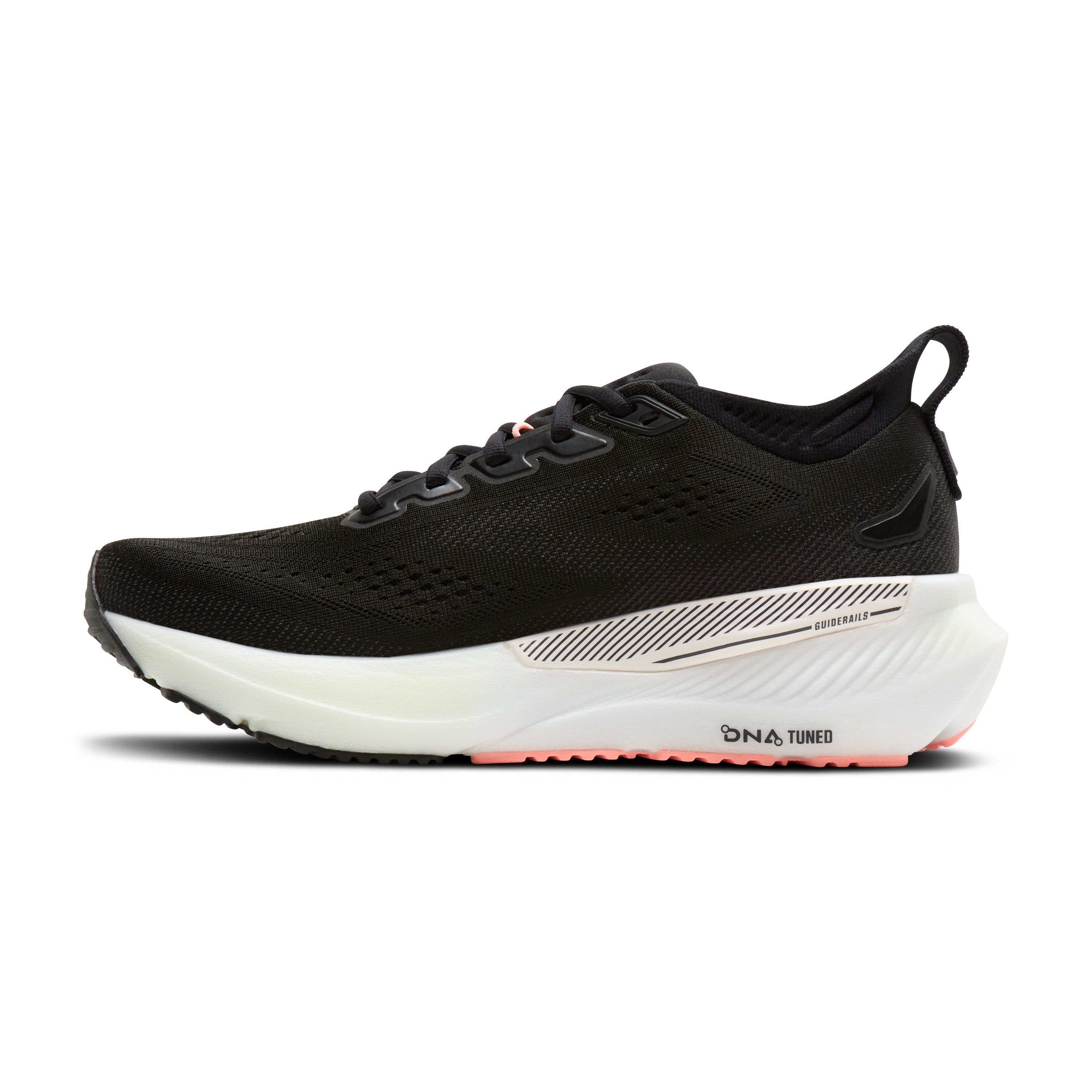 Black running shoe with white sole on a white background