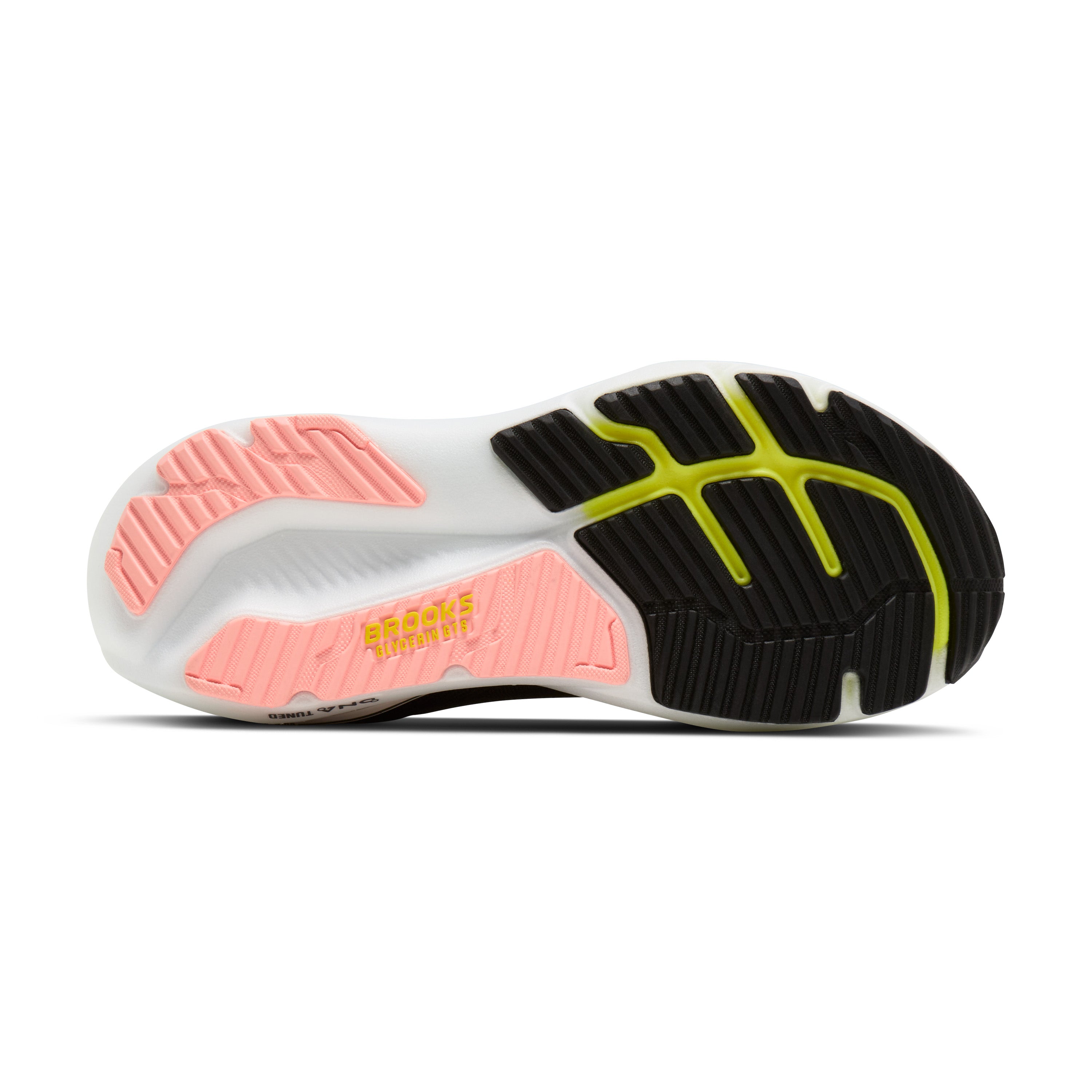 Close-up of a running shoe sole with pink, black, and yellow details on a white background