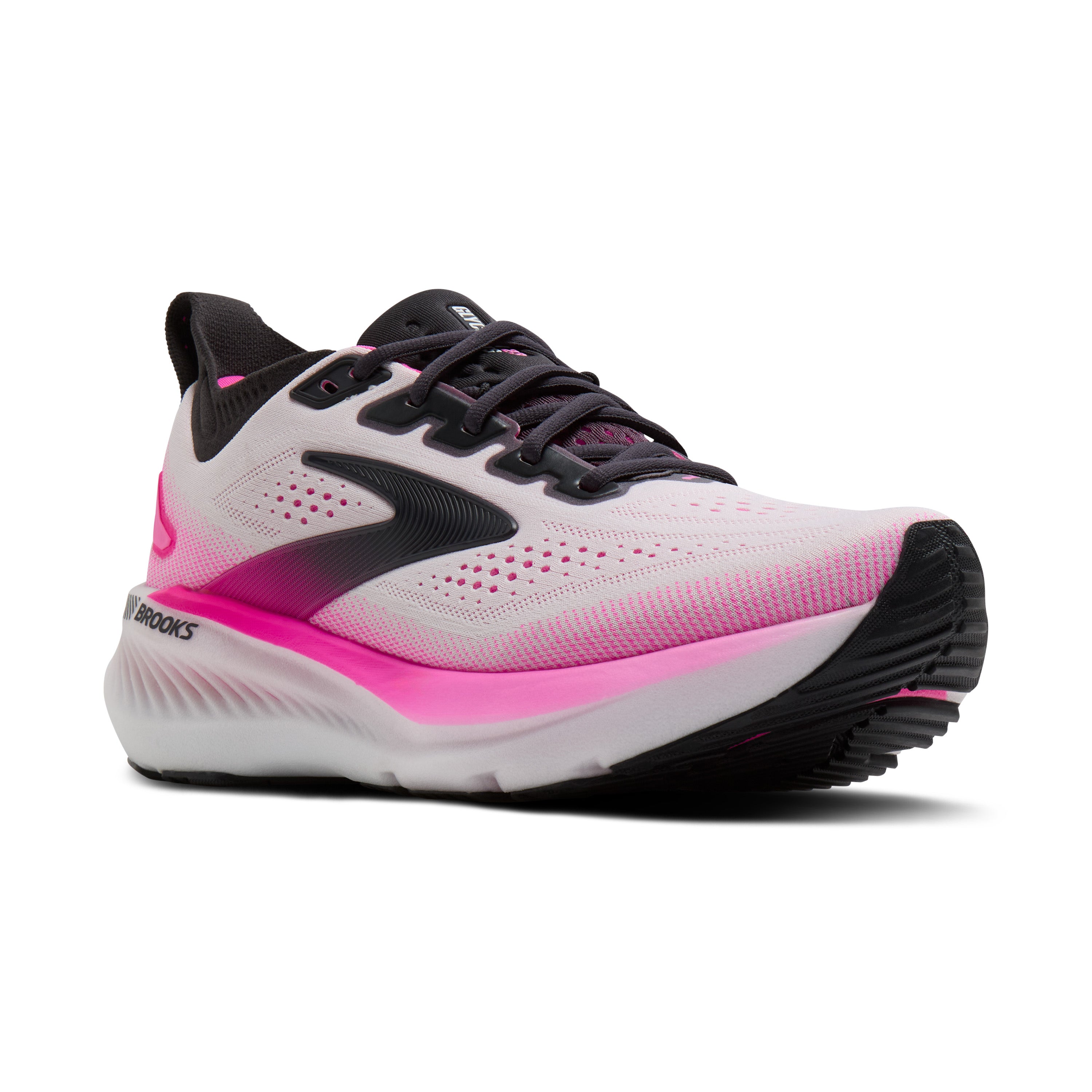 White and pink running shoe with black accents on a white background