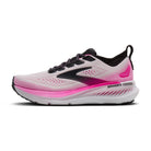 Pink and white running shoe with black accents on a white background