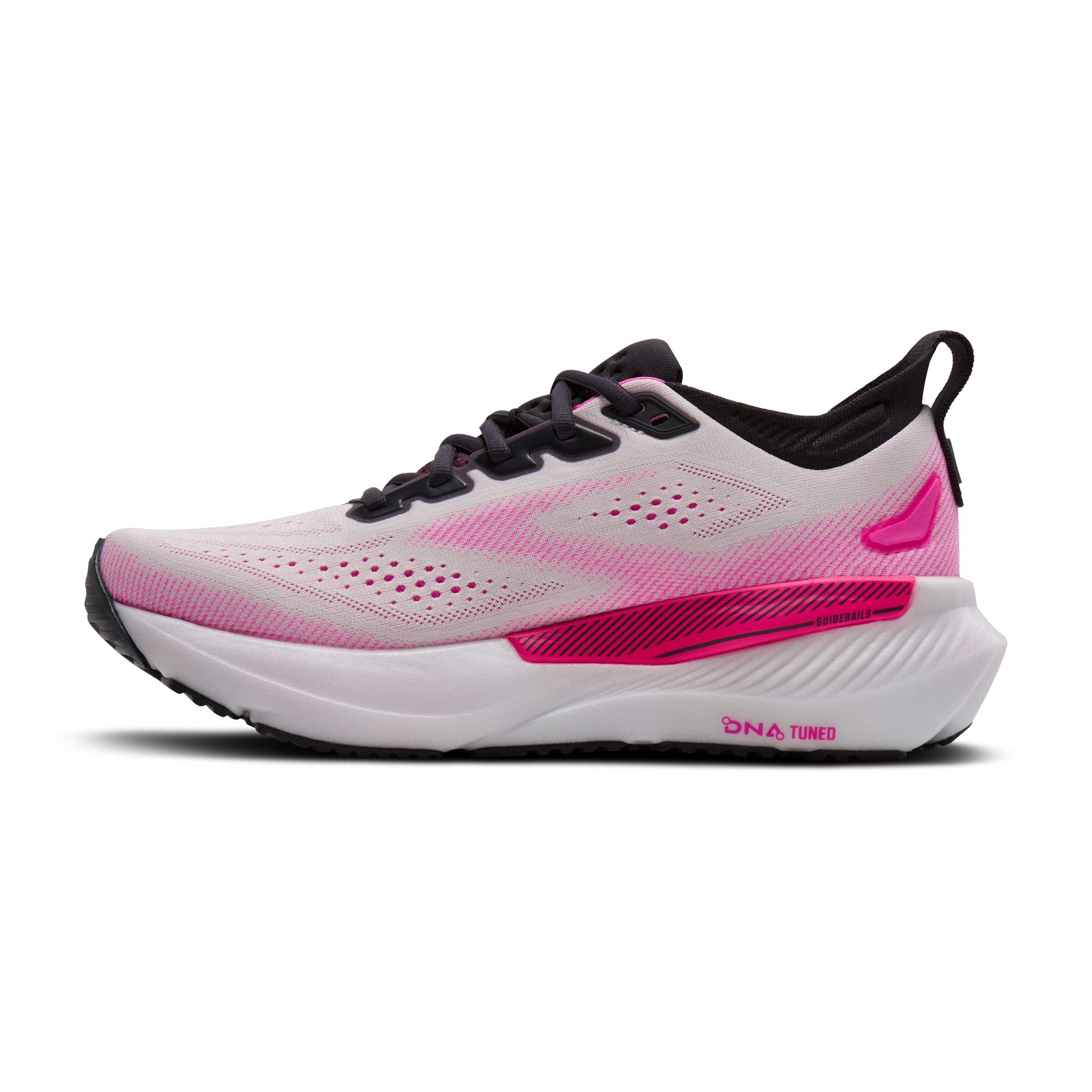 Pink and white running shoe on a white background