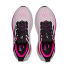 Pink and black running shoes with 'Brooks' branding on a white background