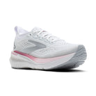 White running shoe with pink accents on a white background