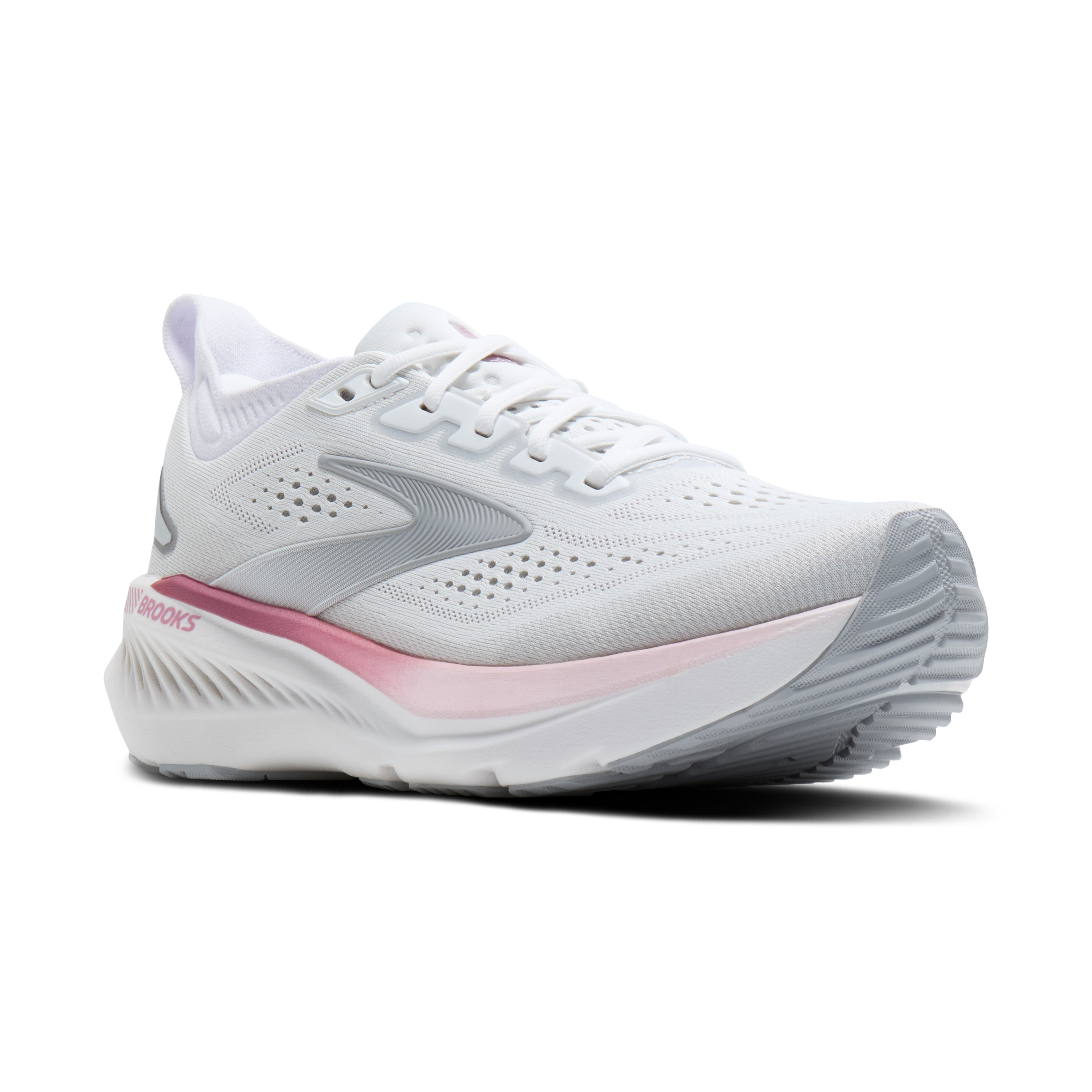White running shoe with pink accents on a white background