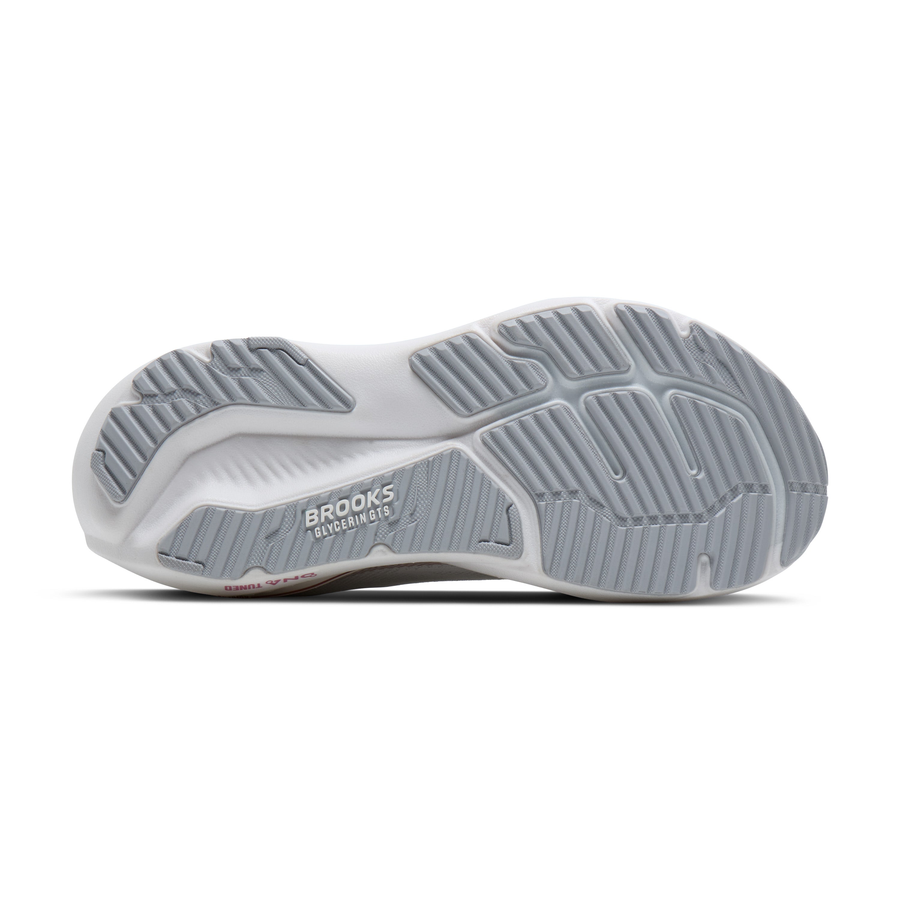 Gray running shoe sole with 'Brooks' branding on a white background