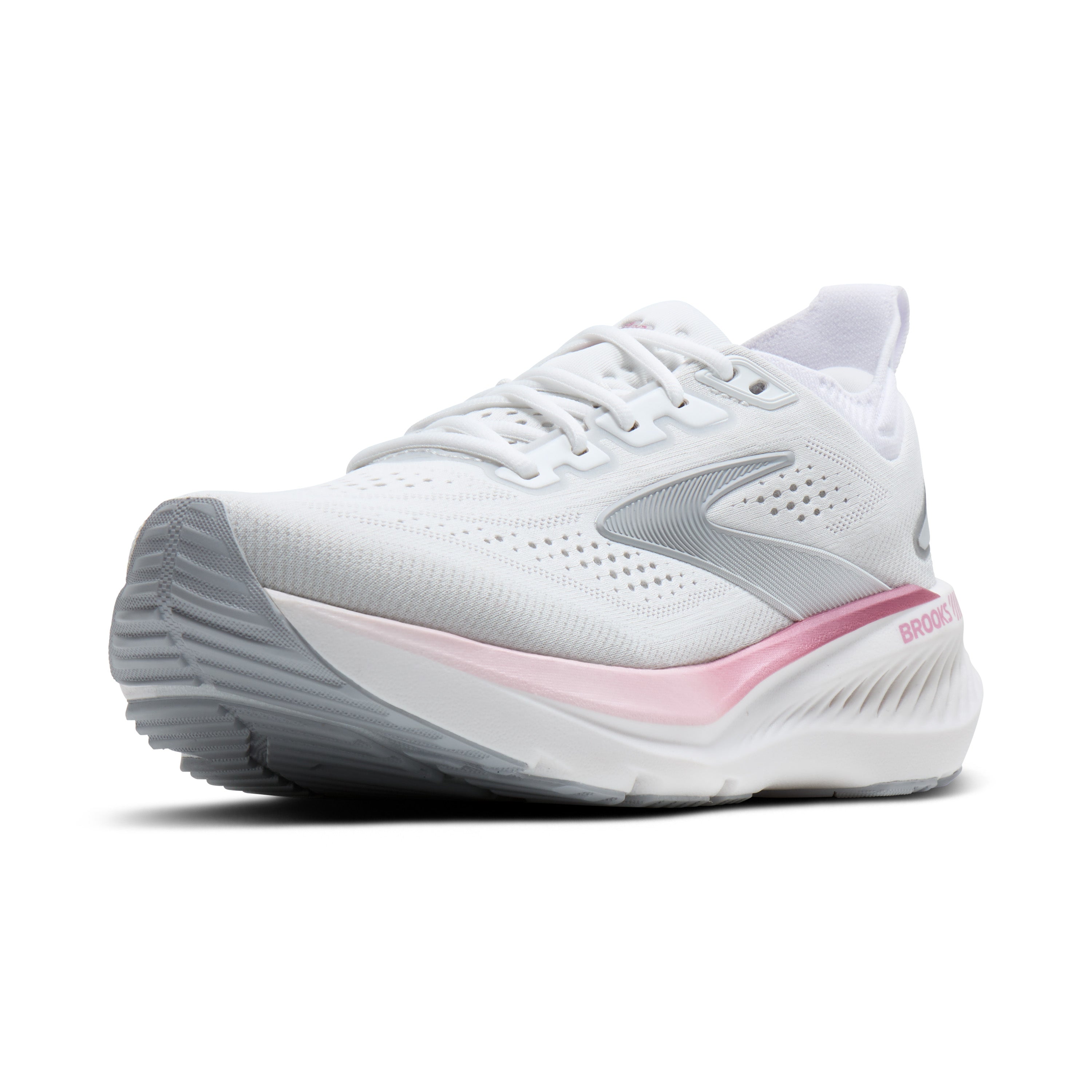 White running shoe with pink accents on a white background