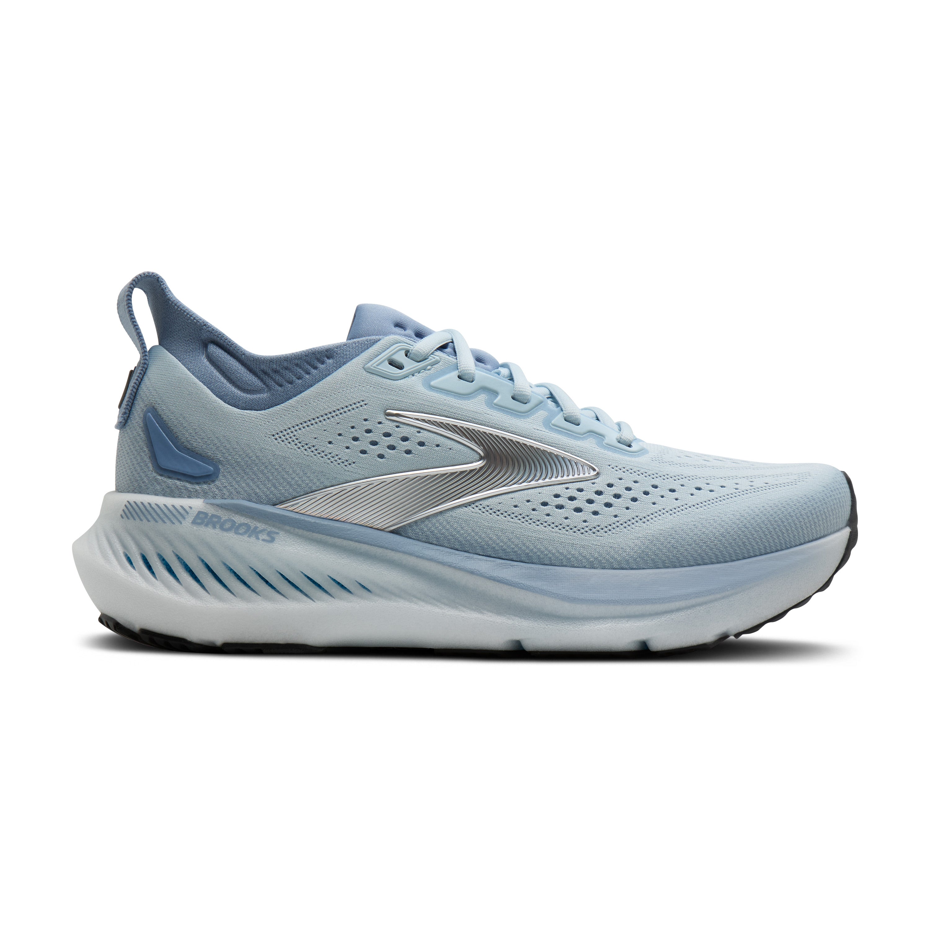 Light blue running shoe on a white background