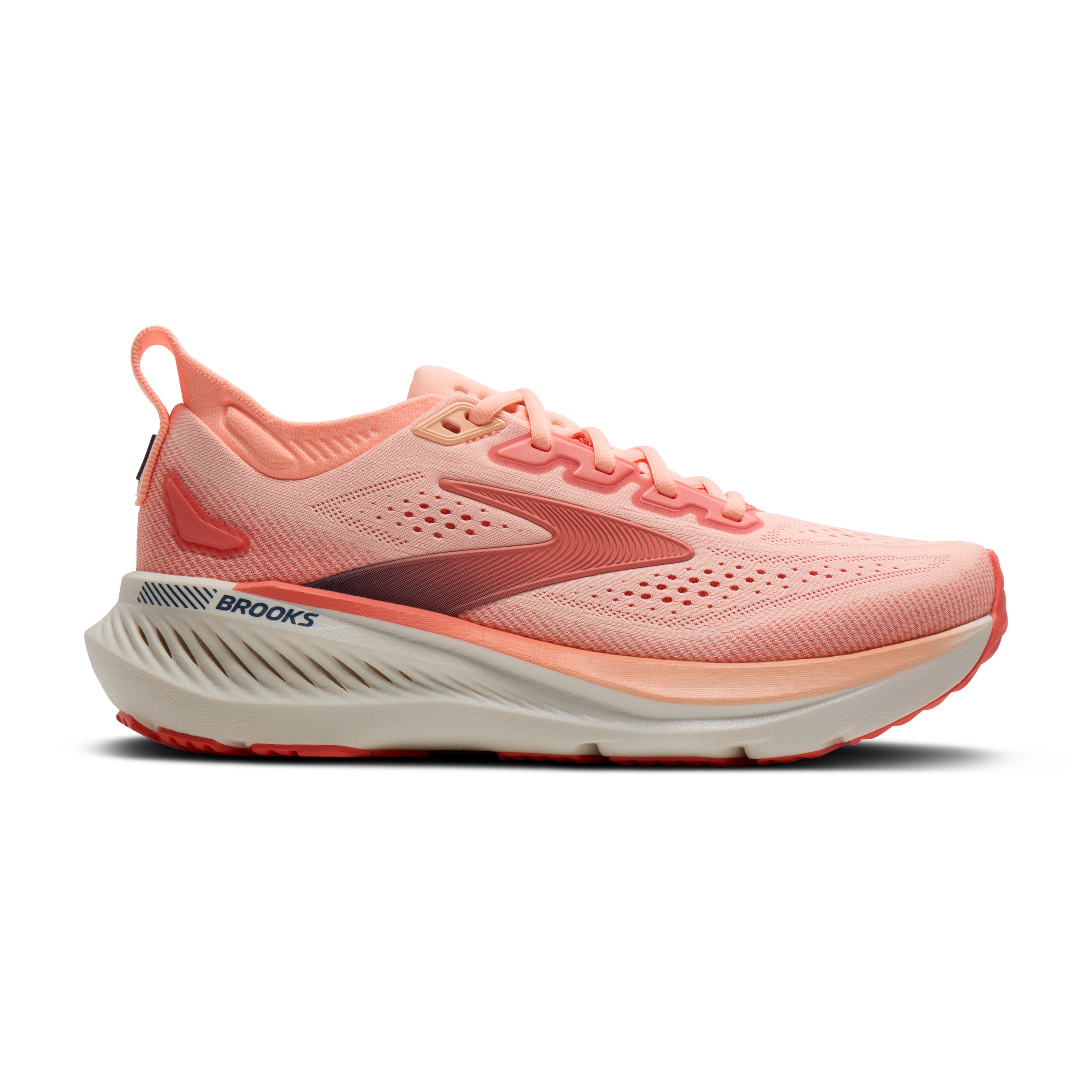 Pink running shoe with white sole on a white background