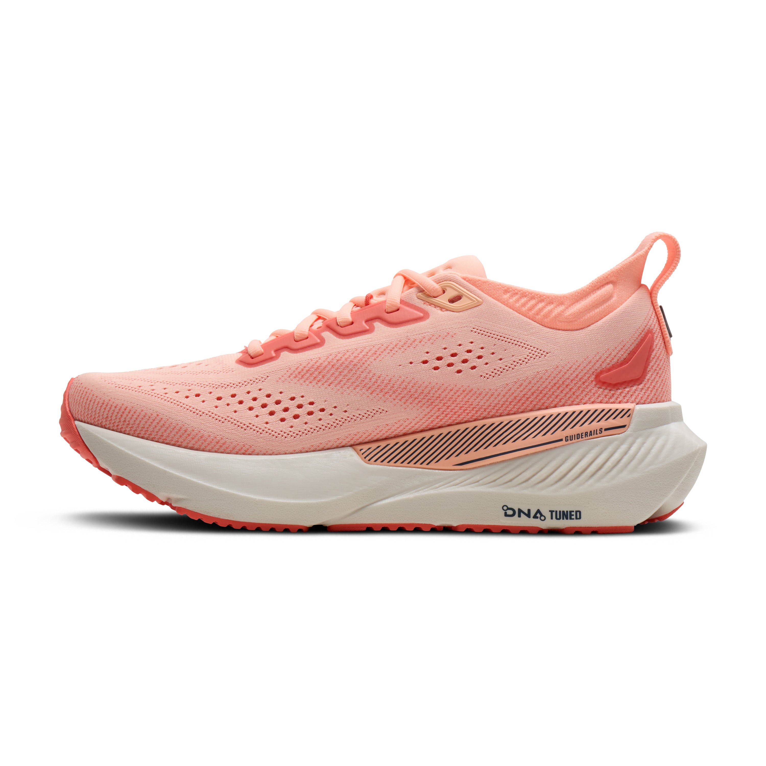 Pink running shoe with white sole on a white background