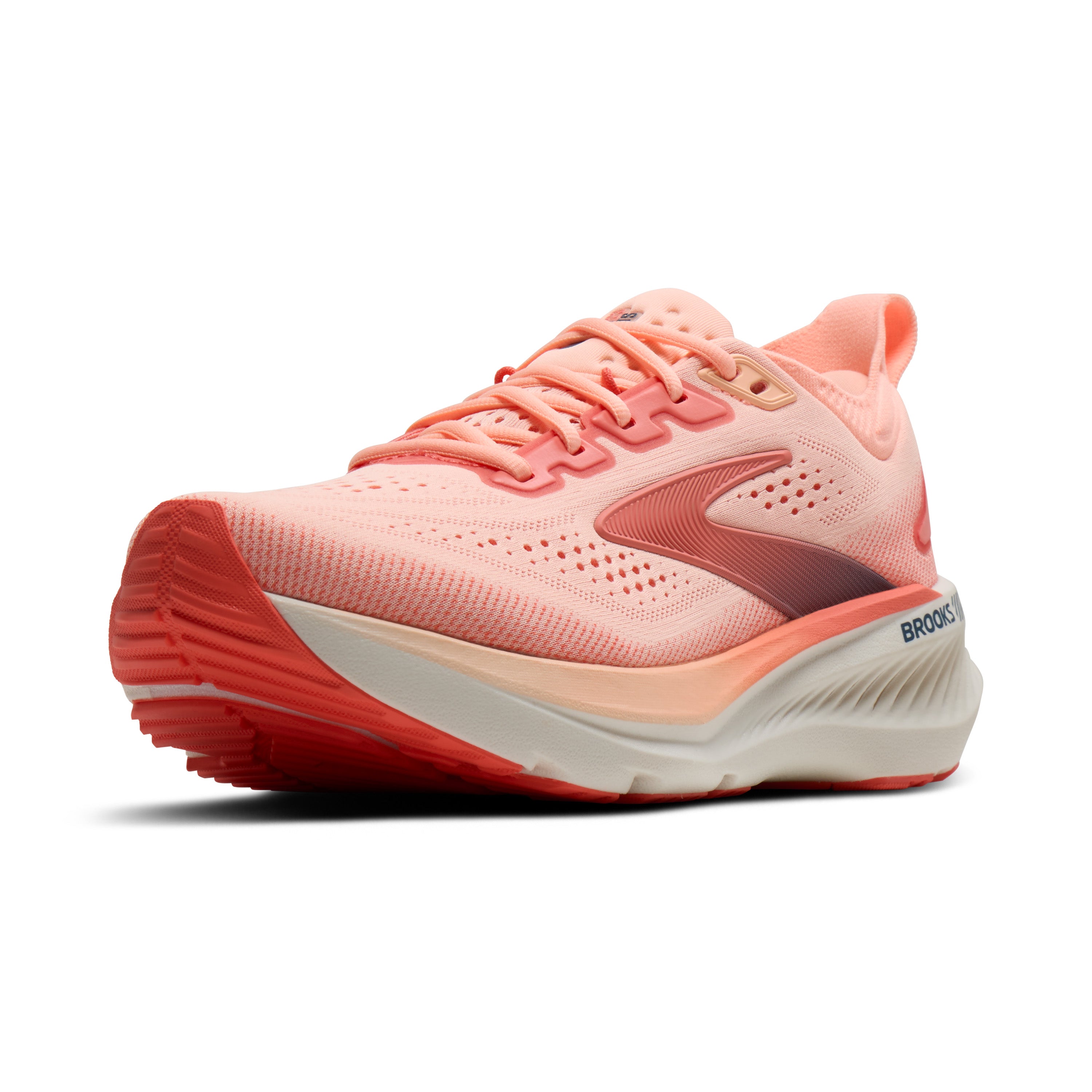 Pink running shoe with white sole on a white background