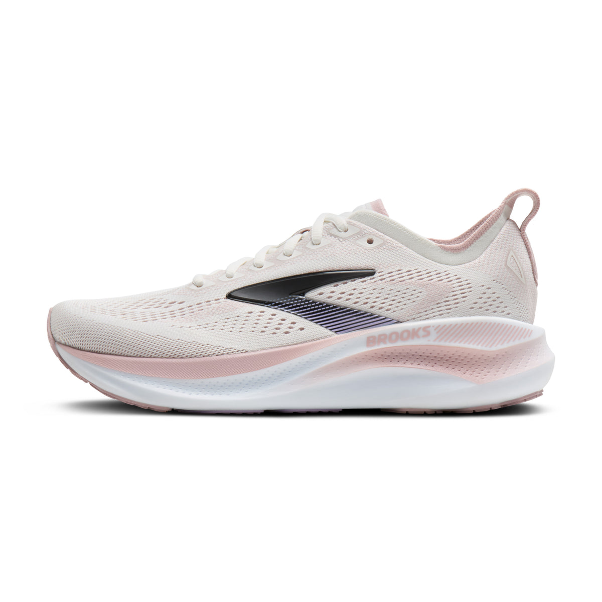 Brooks Glycerin running shoe in a light cream mesh with a pale pink midsole and heel, featuring a black Brooks logo on the side.