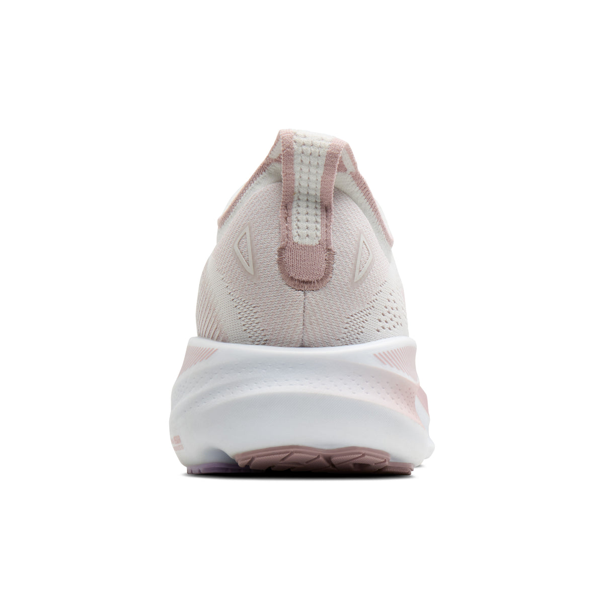 A rear view of a light pink and white athletic shoe on a solid white background.
