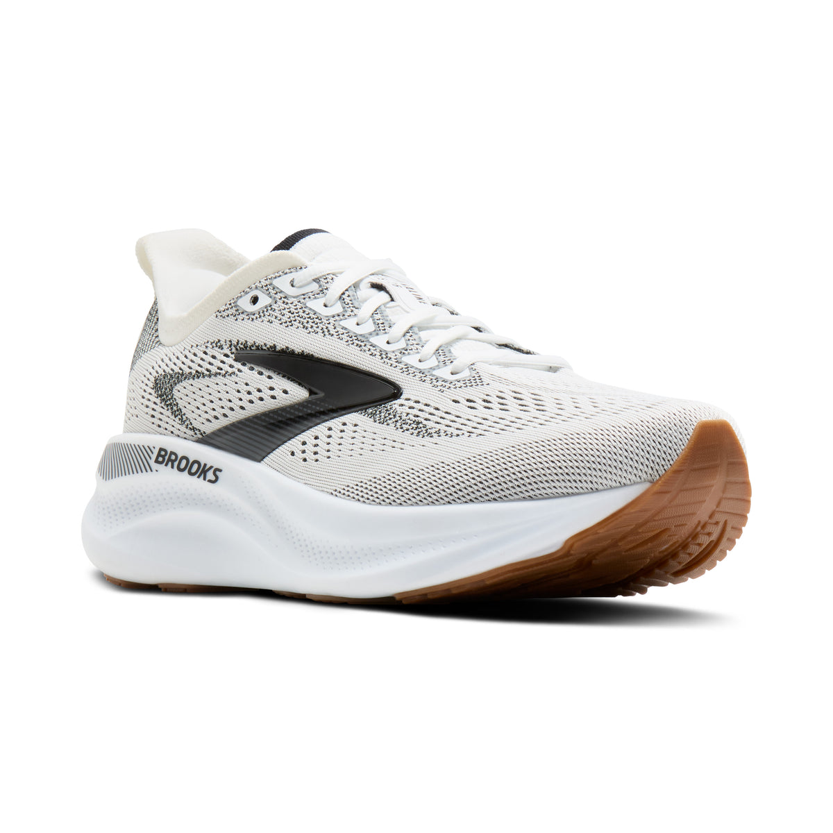 Brooks Glycerin running shoe in white and gray with a black logo, white midsole, and a brown gum outsole, shown on a white background.