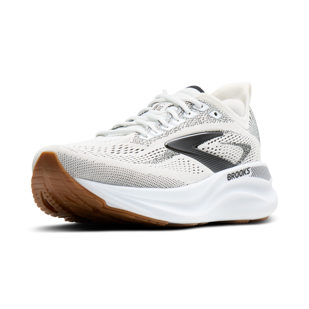 A Brooks running shoe in white and gray with a brown gum outsole, shown from a side profile on a white background.