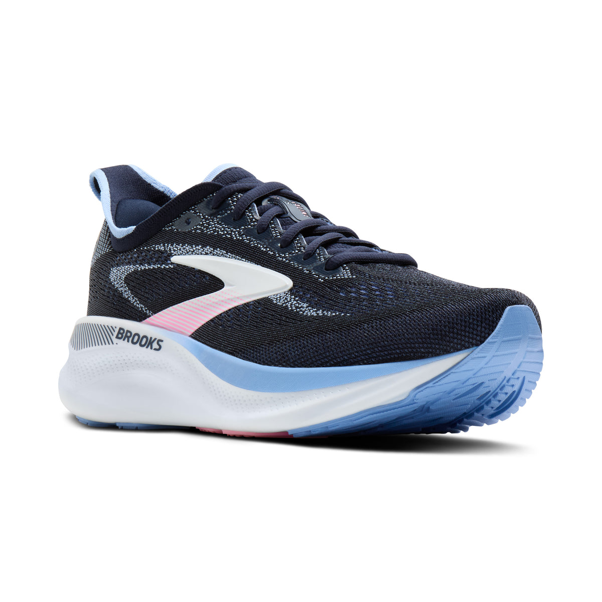 Brooks running shoe in navy blue with a white and light blue midsole and a pink accent on the side logo, shown against a plain white background.