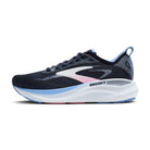 Brooks Glycerin running shoe in navy blue with a white and pink logo accent, light blue details, and a thick white midsole, shown from a side profile on a white background.