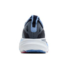 A rear view of a running shoe on a solid white background, featuring a dark navy and light blue knit upper, a thick white midsole, and a blue outsole.