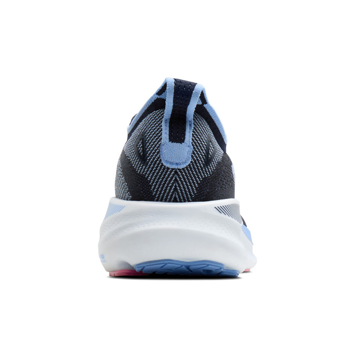 A rear view of a running shoe on a solid white background, featuring a dark navy and light blue knit upper, a thick white midsole, and a blue outsole.