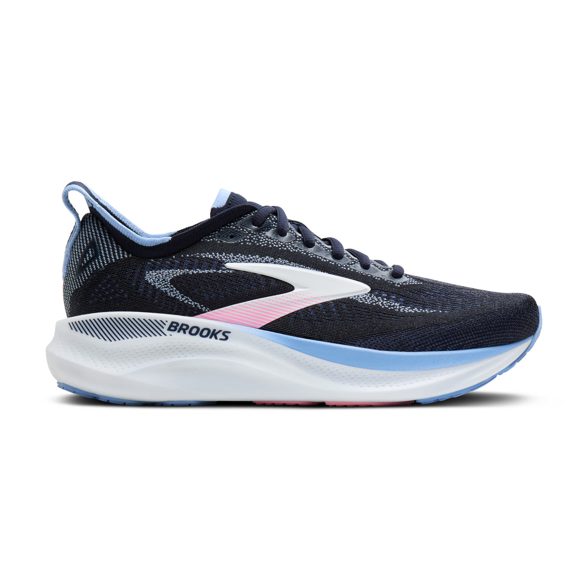 Brooks running shoe in navy blue with a white midsole, light blue accents, and a pink logo stripe, shown from the side on a white background.