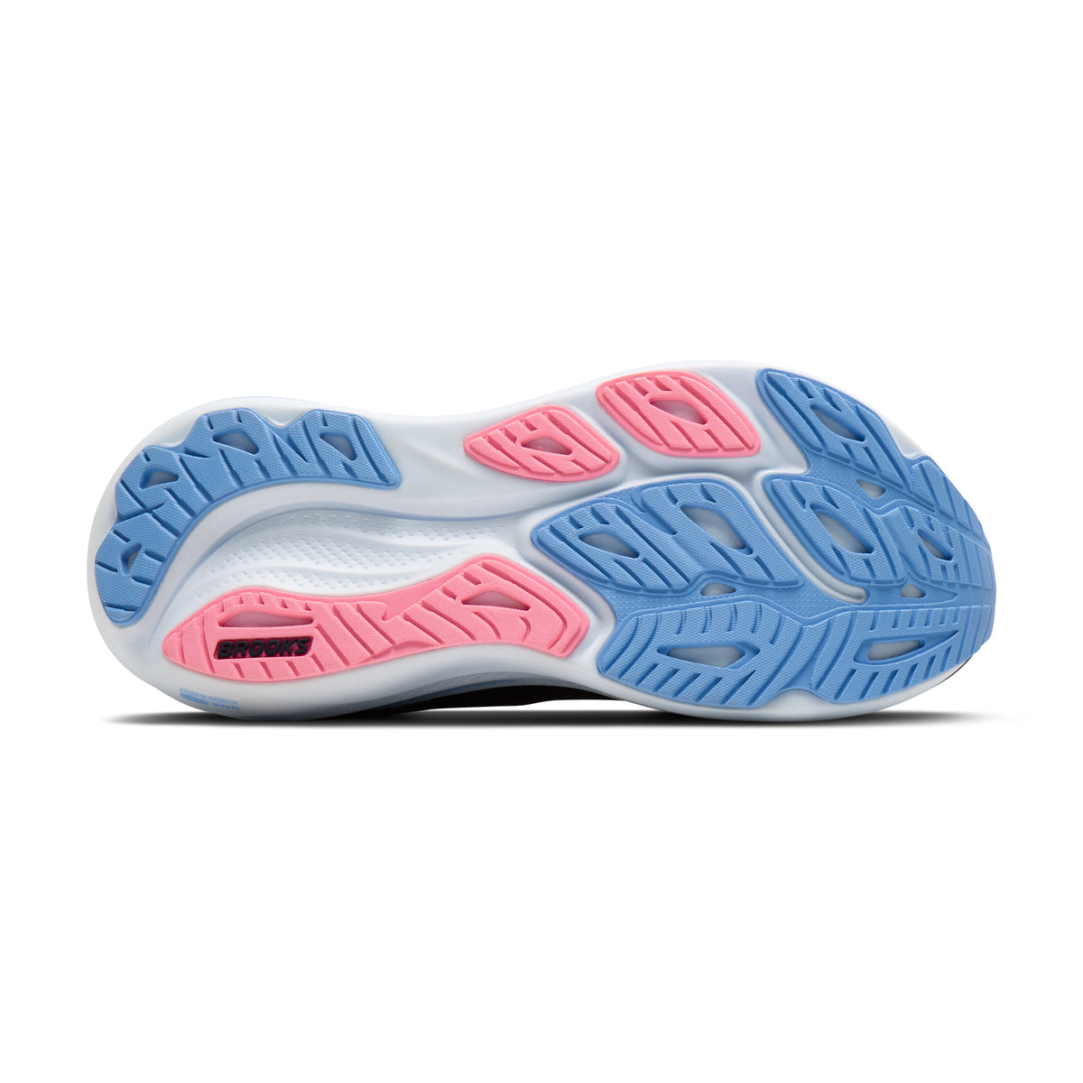 The outsole of a running shoe shown from a side profile view, featuring a white base with blue and pink textured grip patterns.