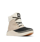 A single high-top winter boot from Port & Company, featuring a beige suede upper, a thick cream sherpa collar, black laces, a black toe cap, and a chunky cream and black platform sole with a brown outsole.