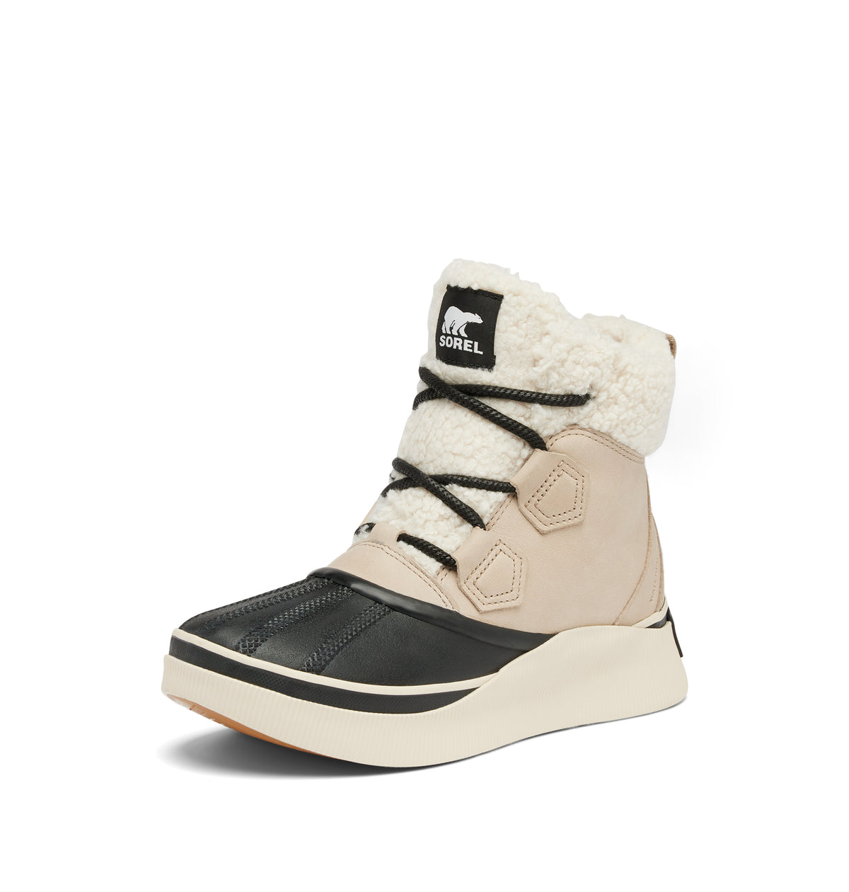 Snow boot with white fur lining and black sole on a white background