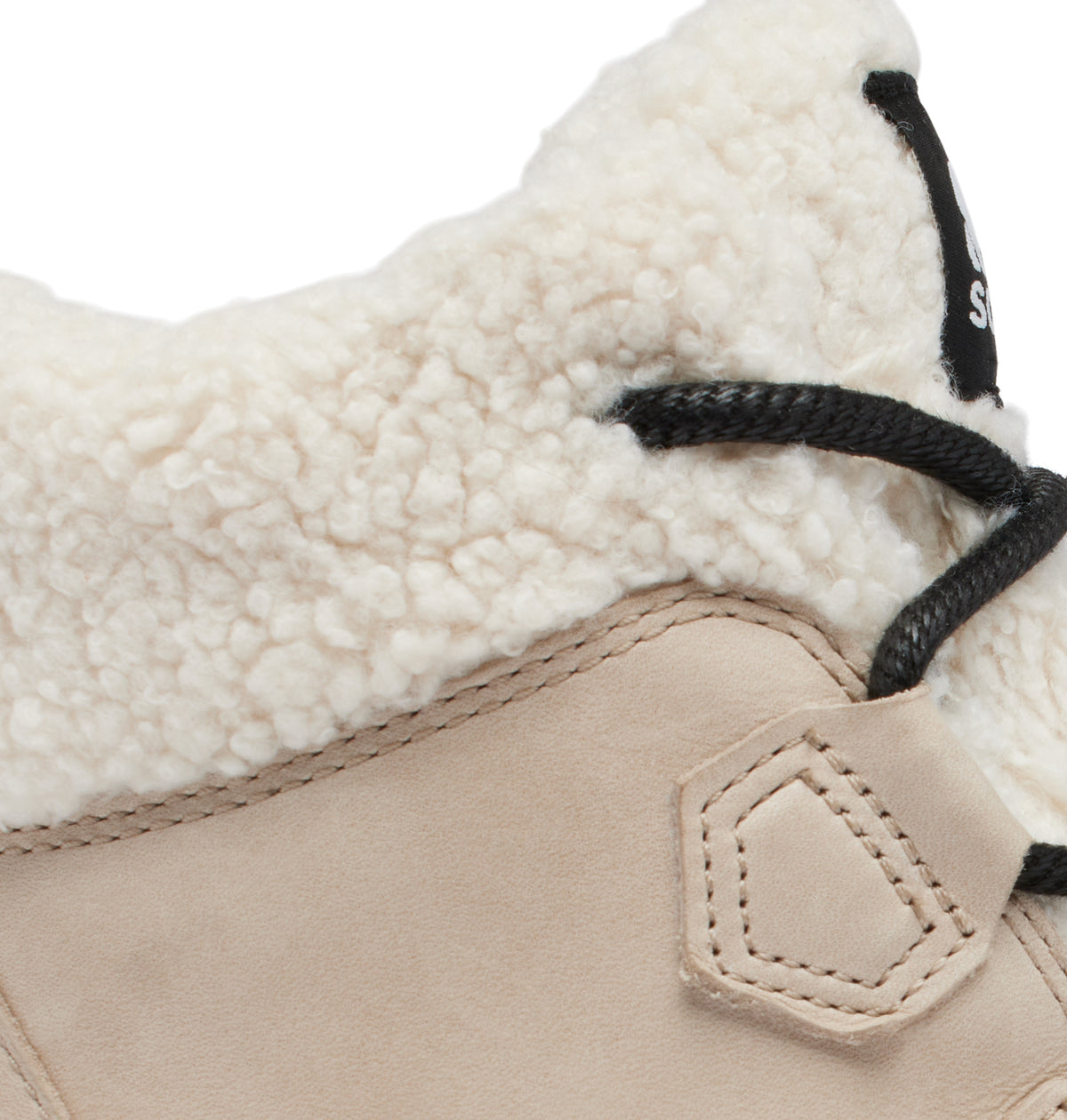 Close-up of a beige suede boot with a thick cream sherpa fleece collar and black laces on a white background.