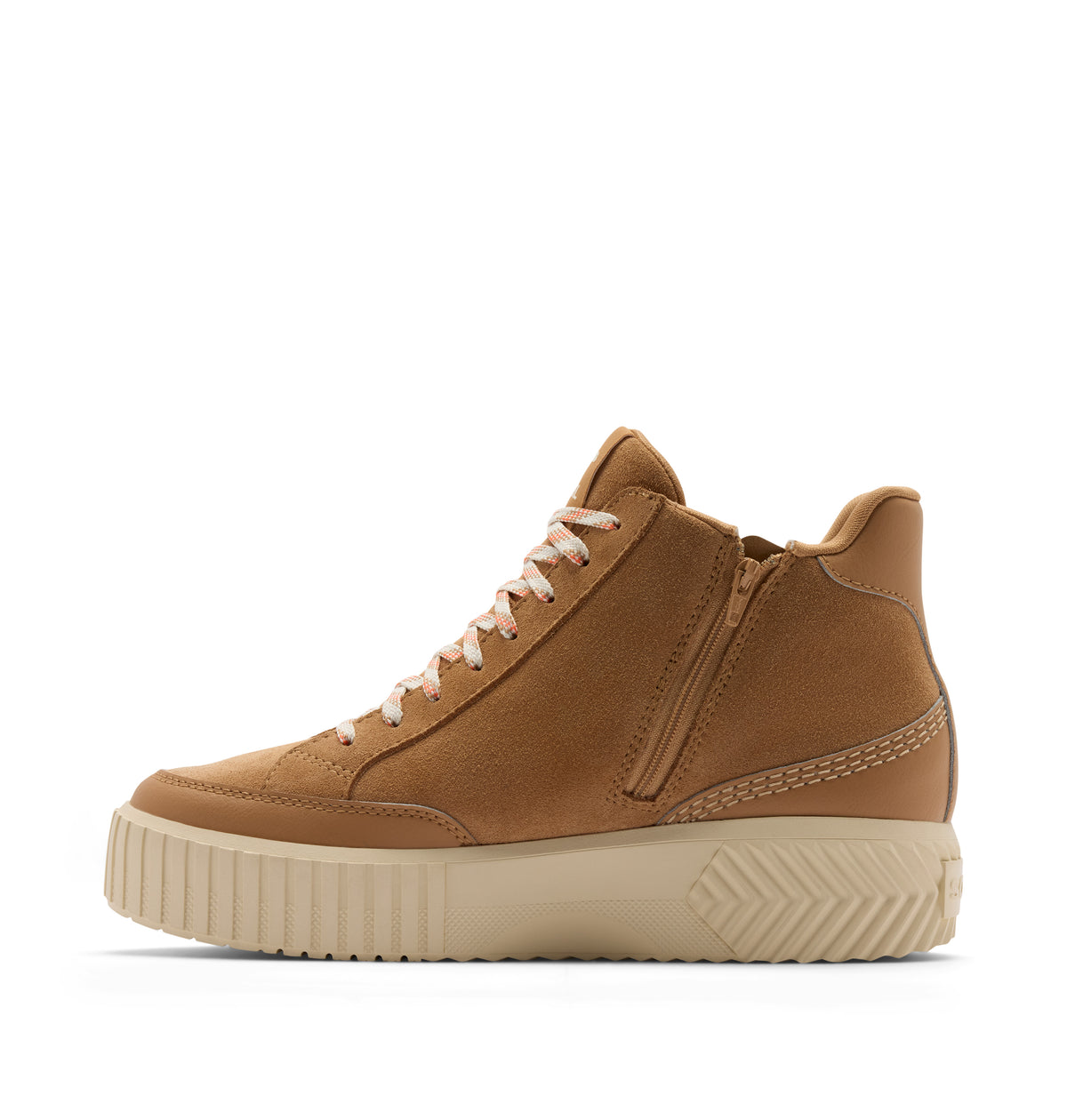 A mid-top platform sneaker in tan suede with cream laces and a thick cream platform sole, shown from a side profile on a white background.