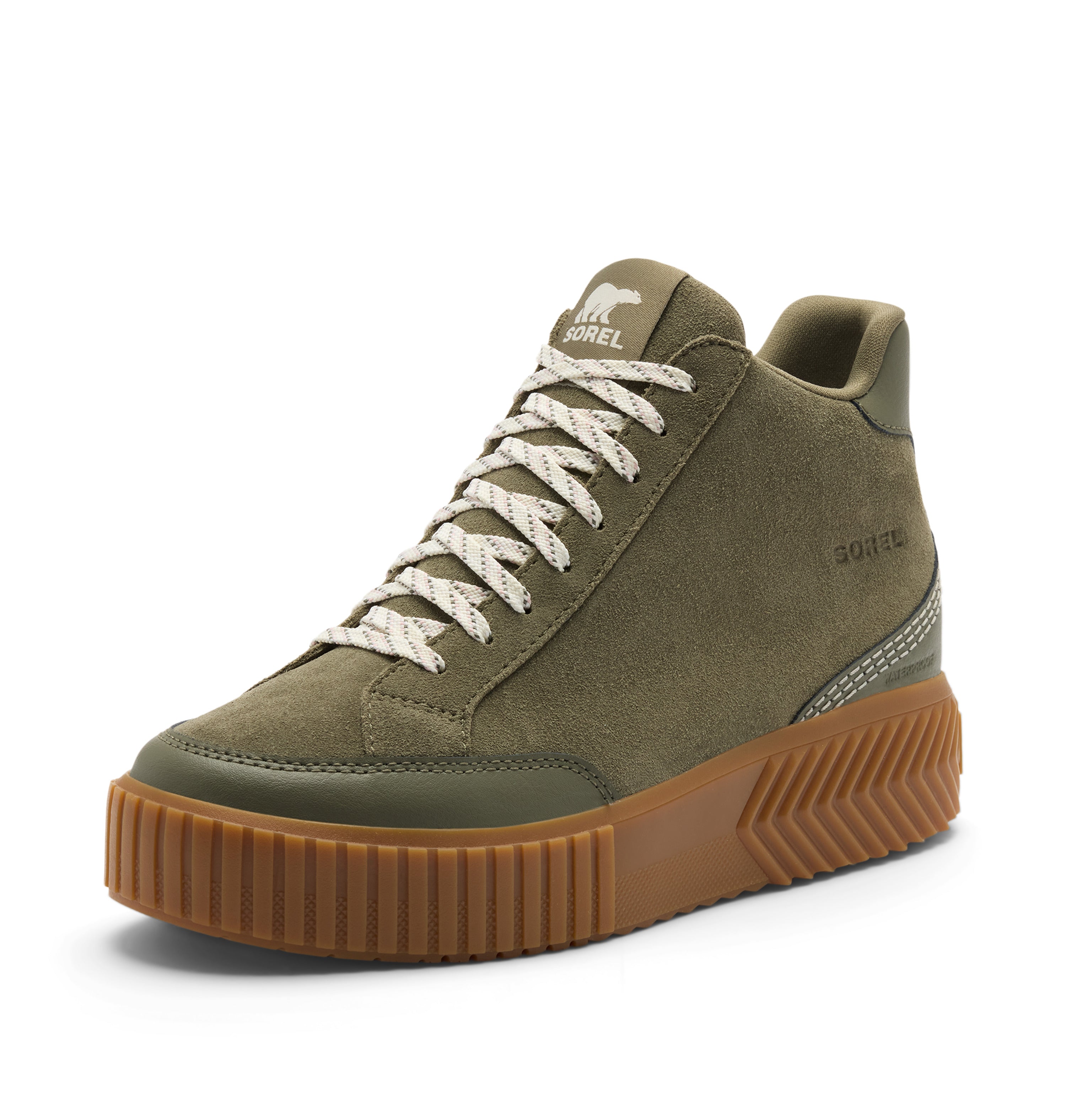 An olive green high-top sneaker by Sorel with chunky white laces and a brown gum sole, shown from a three-quarters angle on a white background.