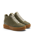A pair of olive green high-top platform sneakers with chunky brown lug soles and off-white laces, shown on a clean white background.