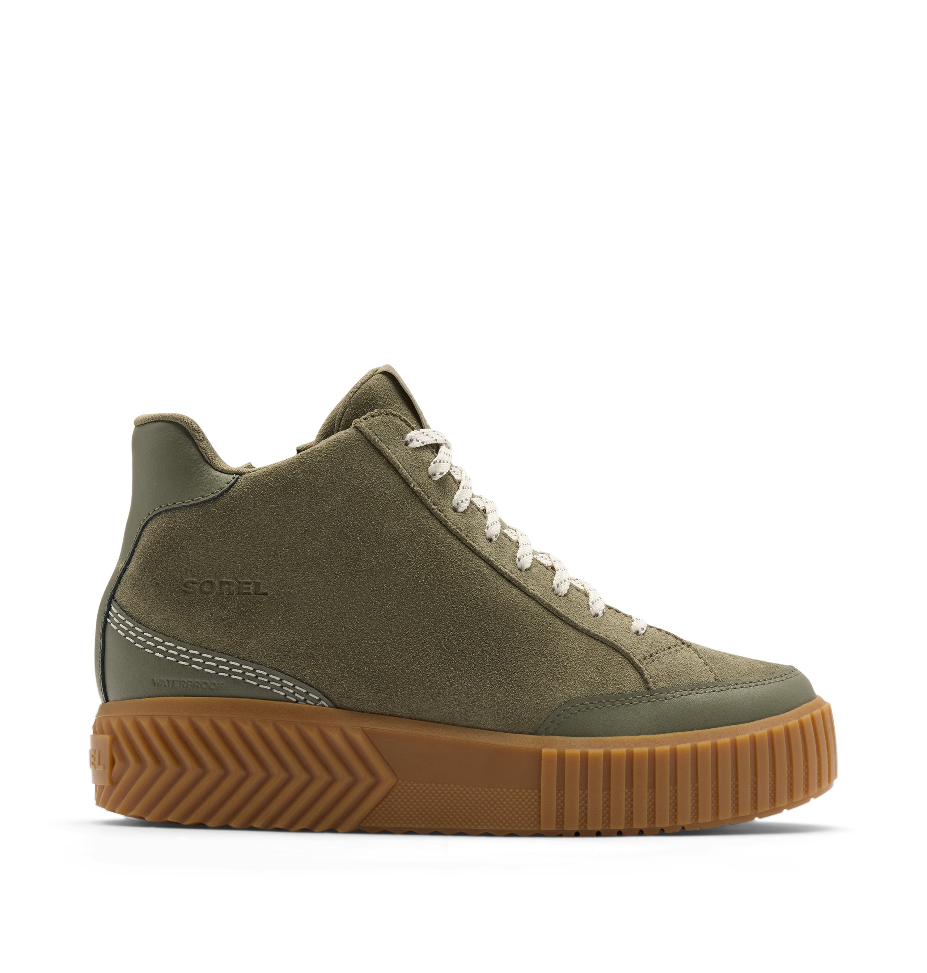 An olive green high-top sneaker by sOREL, featuring a suede and mesh upper, white laces, and a thick brown textured sole, shown from a side profile on a white background.