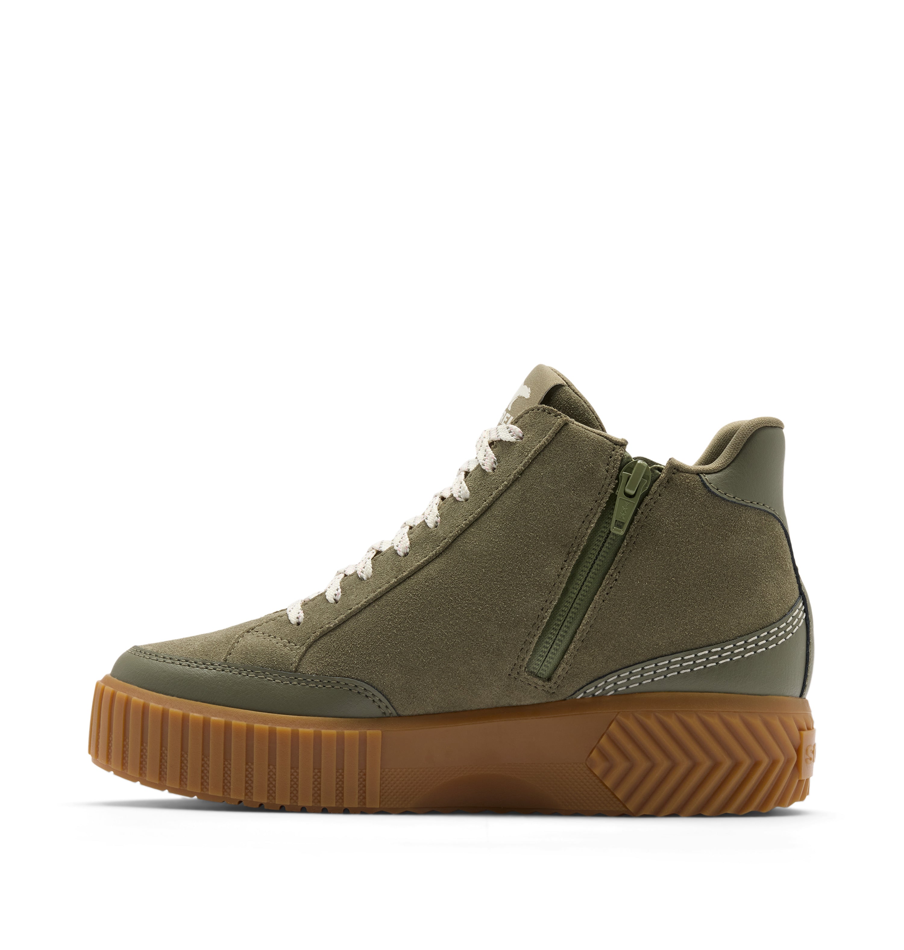 An olive green high-top sneaker with white laces, a side zipper, and a chunky brown gum sole, shown from a side profile on a white background.