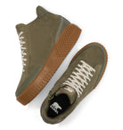 A pair of olive green suede high-top sneakers with white laces and brown gum soles, shown from a top-down angle on a white background. The brand name 'Sorel' is visible on the black interior footbed.