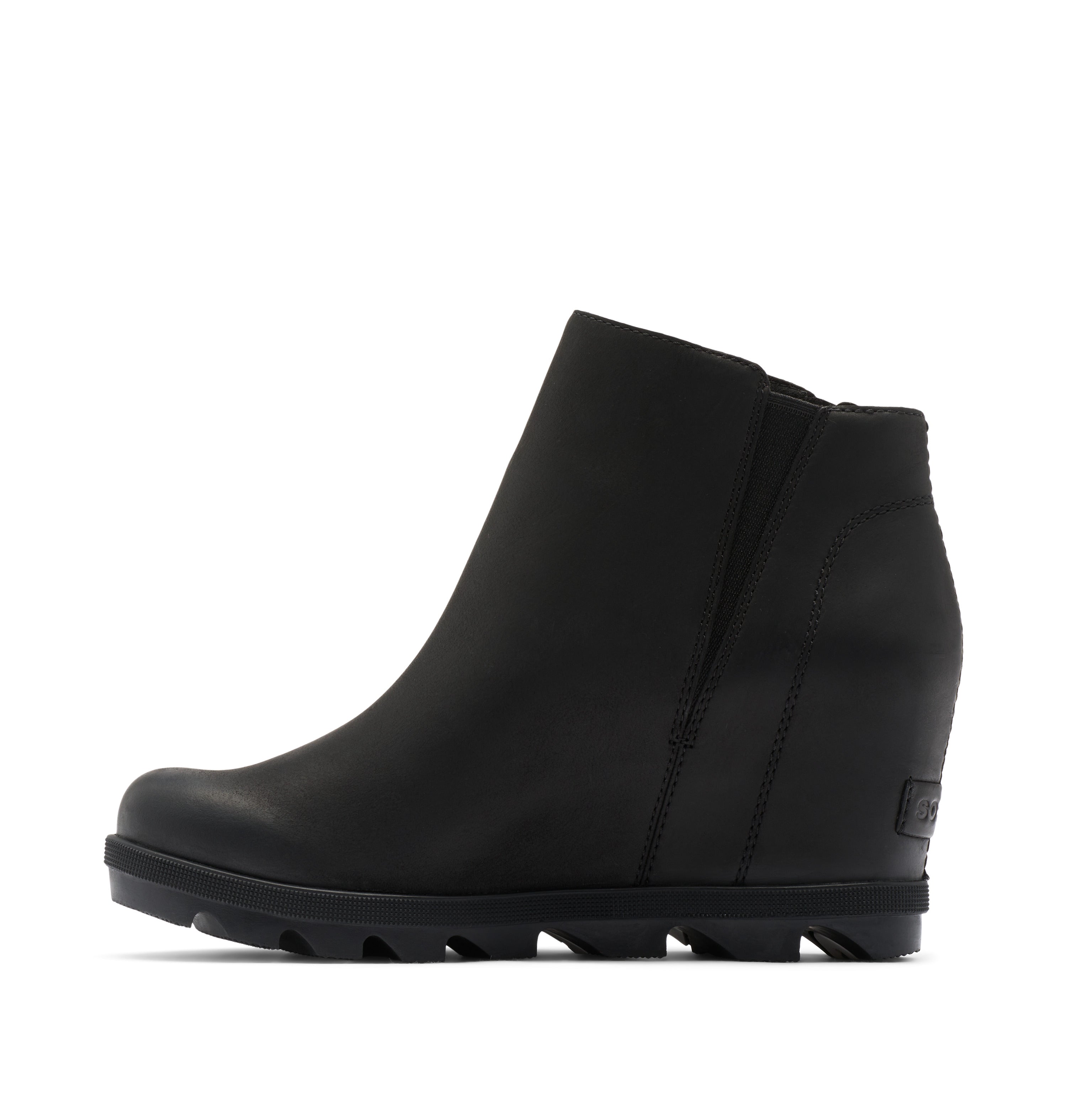 A black leather ankle boot with a wedge heel and a textured lug sole, shown from a side profile on a white background.