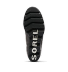 The black rubber outsole of a Sorel shoe, featuring the brand name 'SOREL' in bold white letters, shown against a plain white background.
