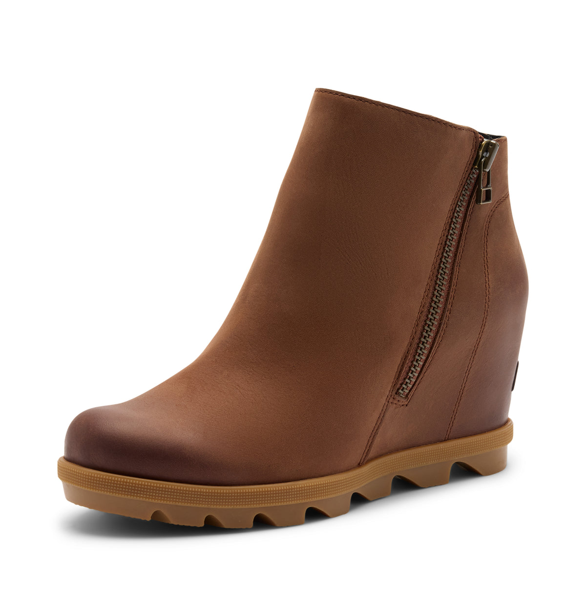 A brown leather ankle boot with a wedge heel and a side zipper, shown from a three-quarters angle on a white background.