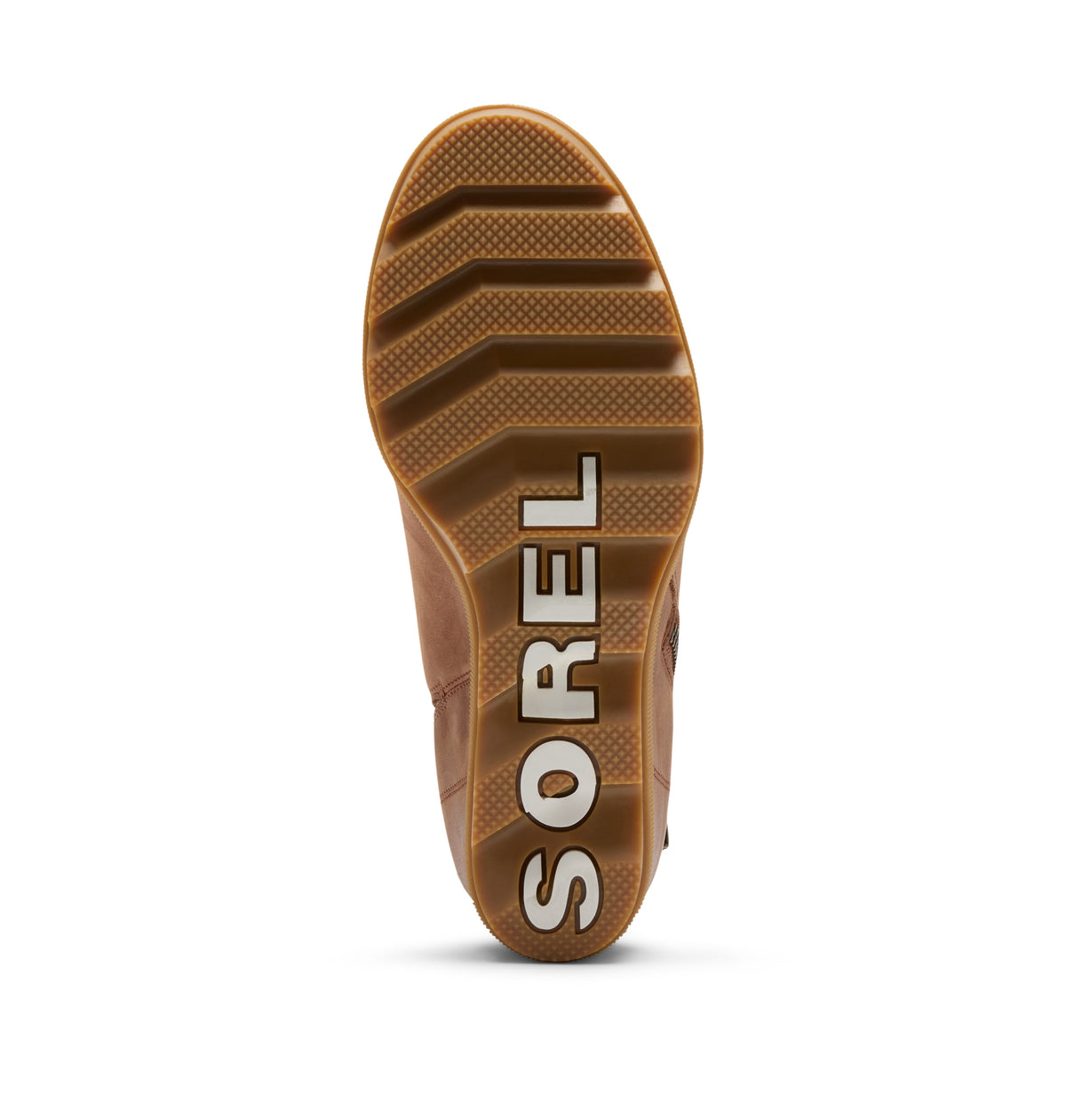The brown rubber outsole of a shoe, featuring the brand name 'SOREL' printed vertically in white on the heel, shown against a plain white background.