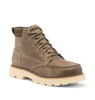 A single brown suede lace-up work boot with a thick beige lug sole, shown from a three-quarters angle on a white background.
