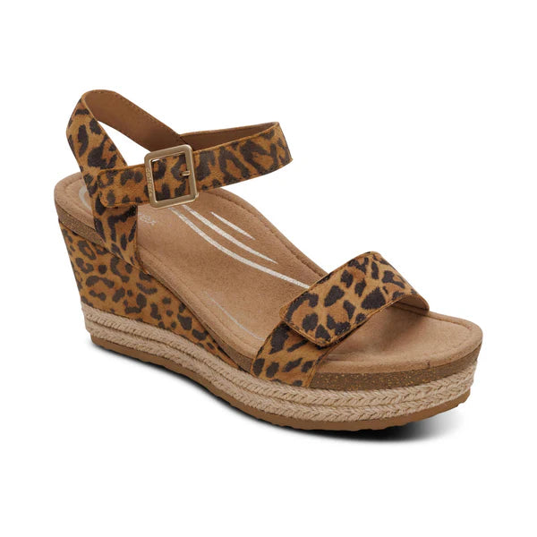 Leopard print wedge sandal on a white background