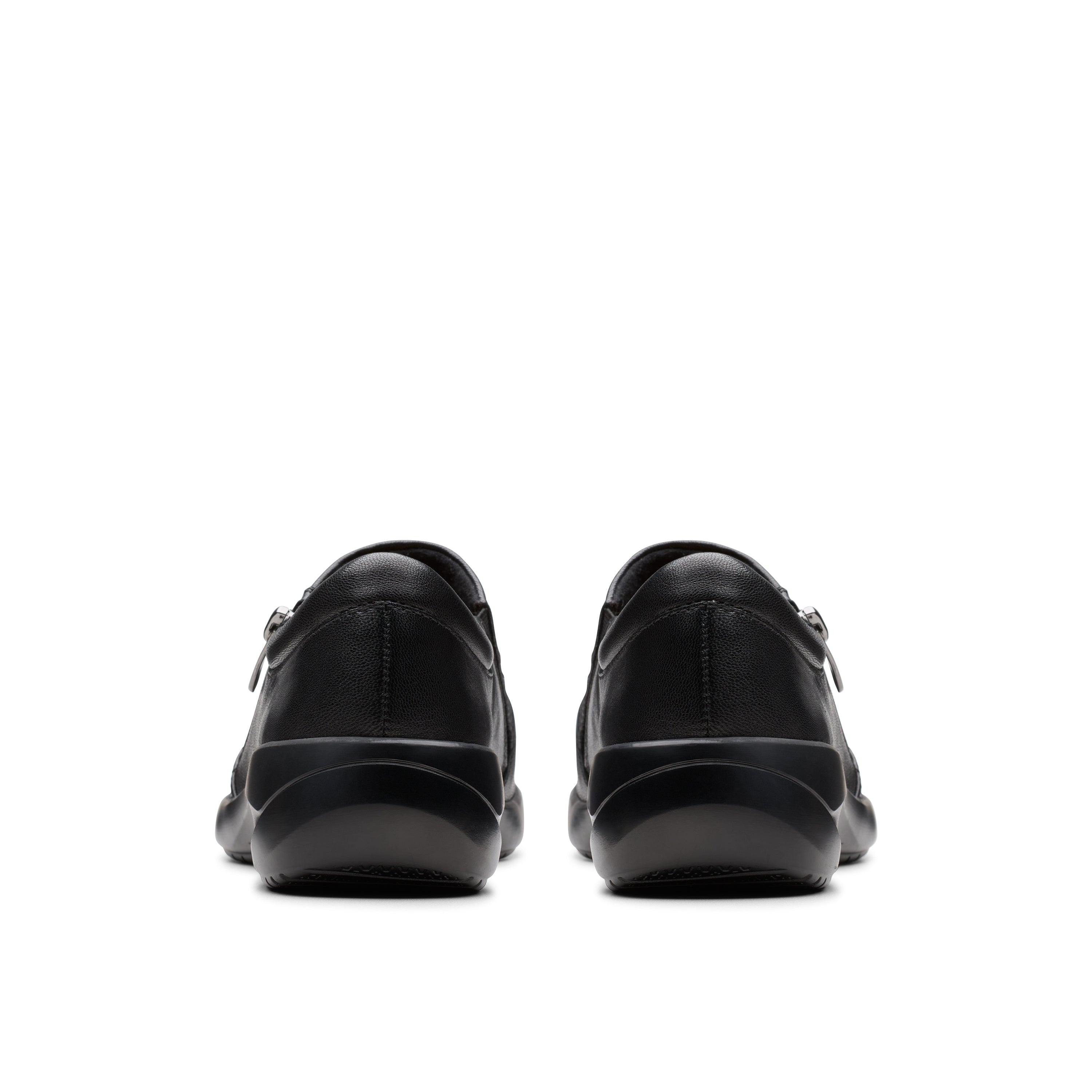 A pair of black leather slip-on shoes shown from the back, positioned side-by-side against a solid white background.