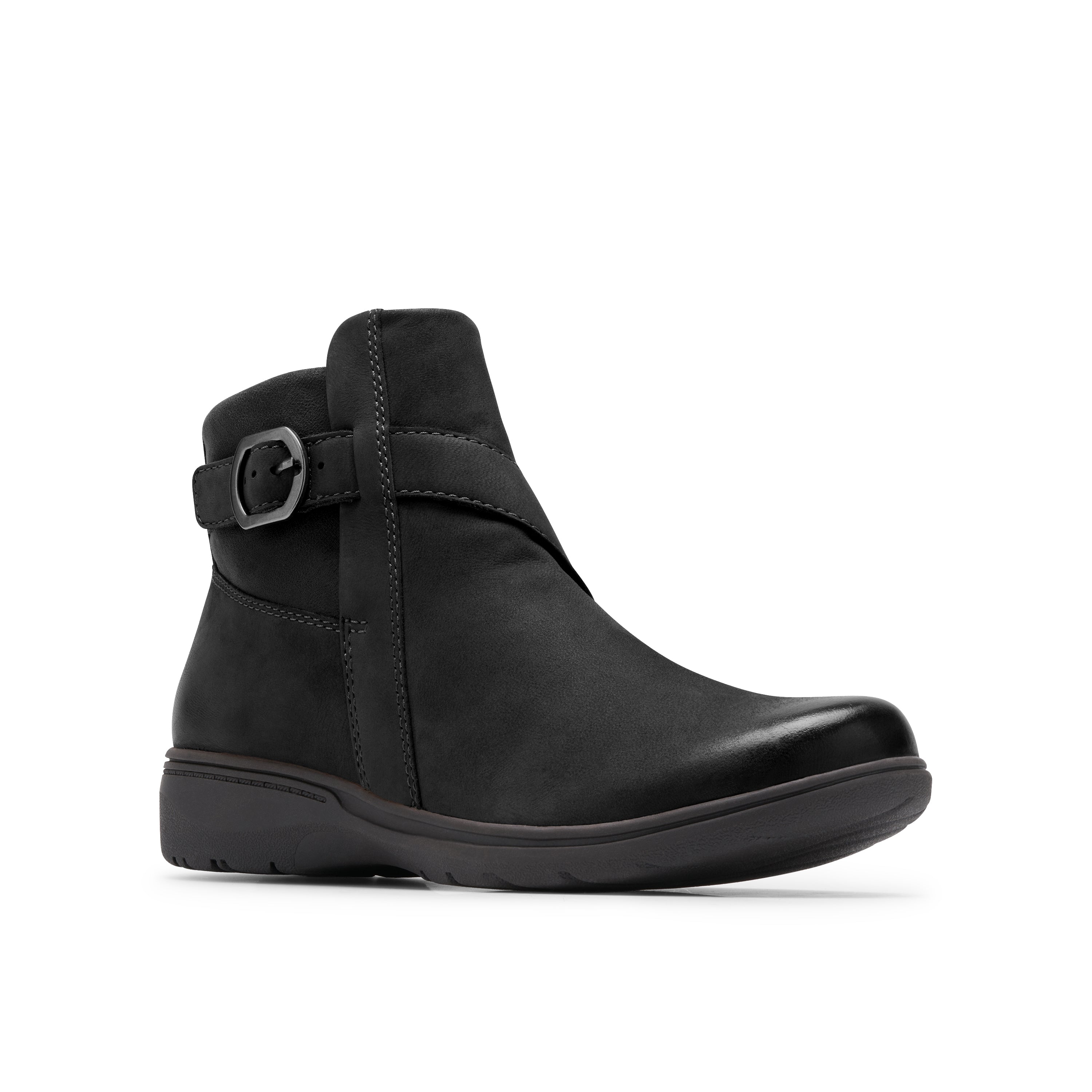 A black leather ankle boot with a side buckle strap, shown from a three-quarters angle on a white background.