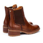 A pair of women's brown leather Chelsea-style ankle boots with elastic side panels and low block heels, shown on a clean white background.