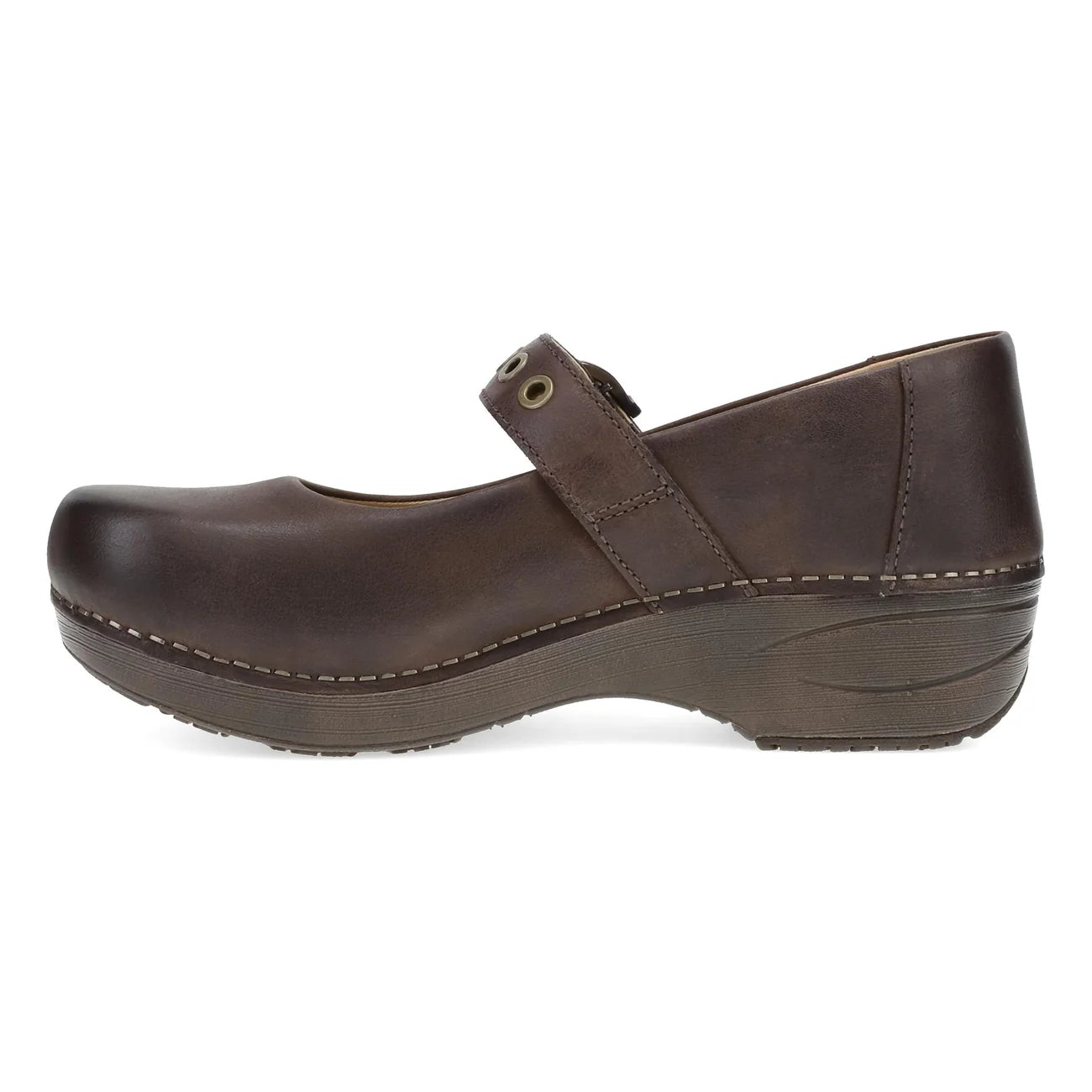 A dark brown leather Mary Jane clog shoe with a thick platform sole and a strap featuring metal eyelets, shown in a side profile on a white background.