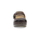 A single dark brown Mary Jane clog shoe shown from a front-facing perspective on a solid white background.